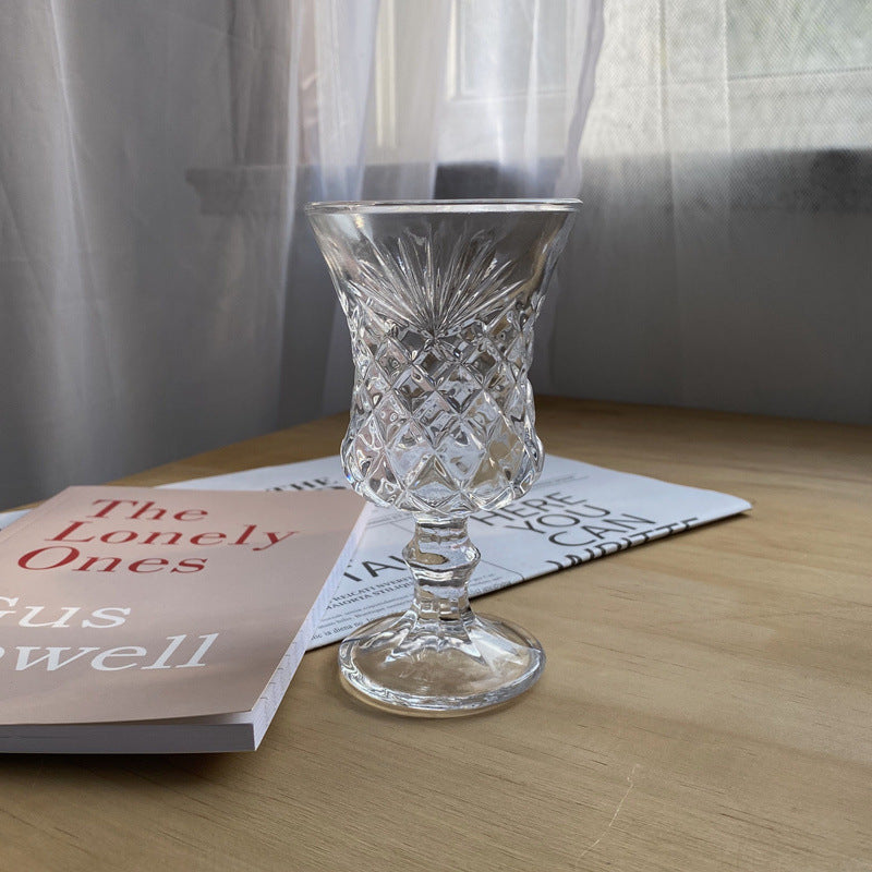 Embossed Low-Stem Glass Wine Goblet | Creative Engraved Crystal Wine Glass | Elegant Women’s Red Wine Glass for Restaurants | Vintage Decorative Glassware | Luxury Party &amp; Gift Glass Cup