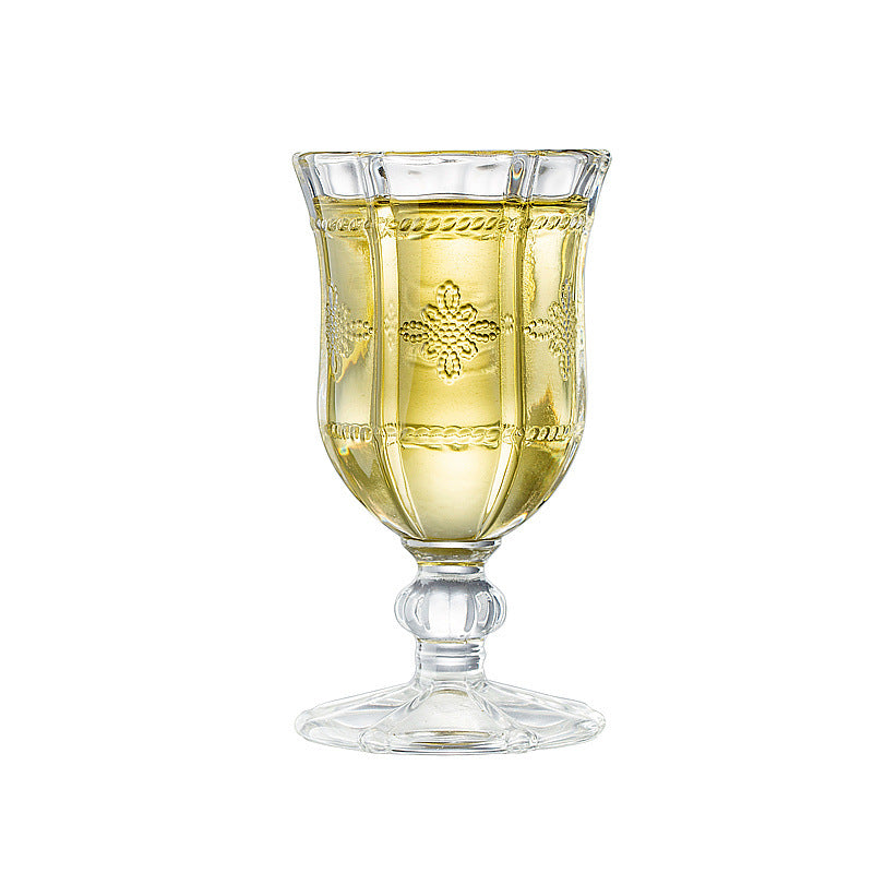 Embossed Low-Stem Glass Wine Goblet | Creative Engraved Crystal Wine Glass | Elegant Women’s Red Wine Glass for Restaurants | Vintage Decorative Glassware | Luxury Party &amp; Gift Glass Cup